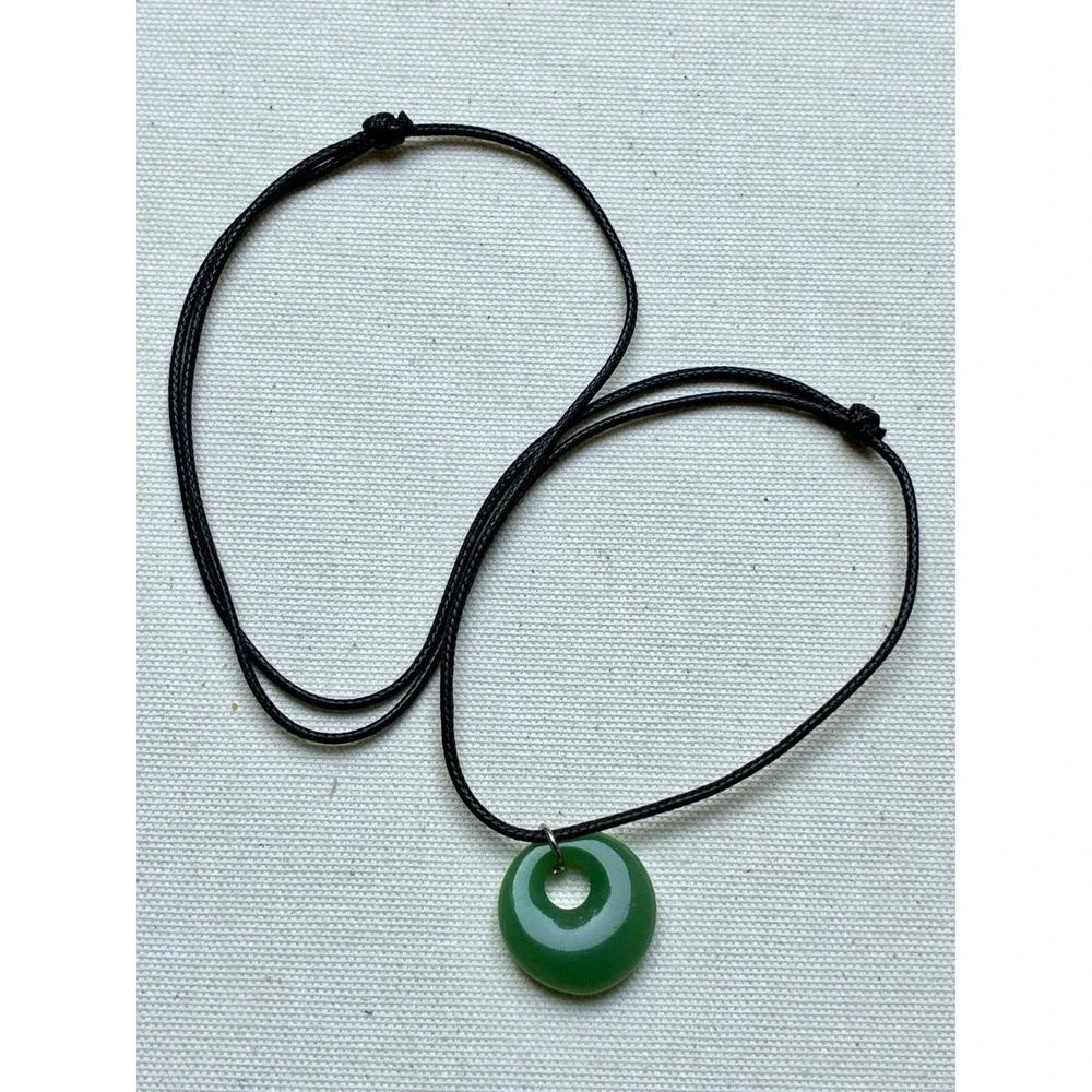 Green Donut Pendant Necklace Black Adjustable Cord Faux Jade Pi Disc Boho Y2K